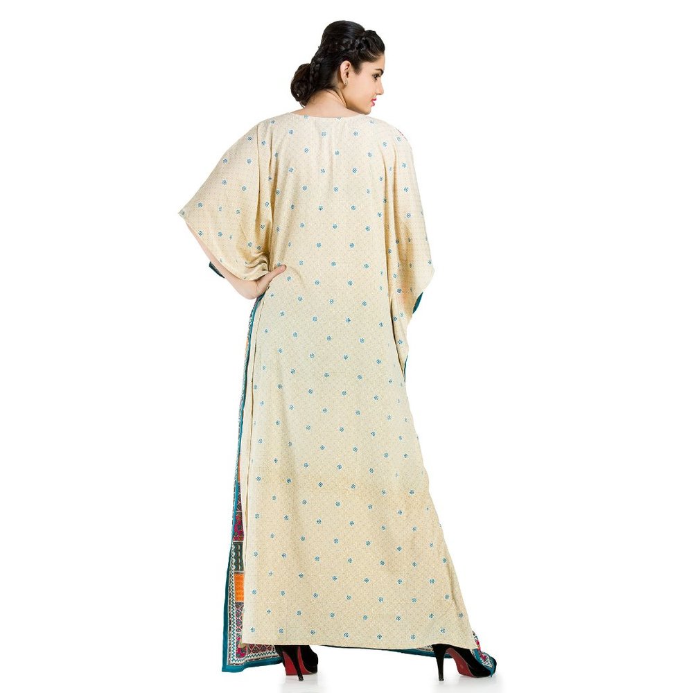 Tribal Print Beige Polyester Kaftan Dress Kimono Sleeve for Women By Gypsie Blu - Picture 6 of 7